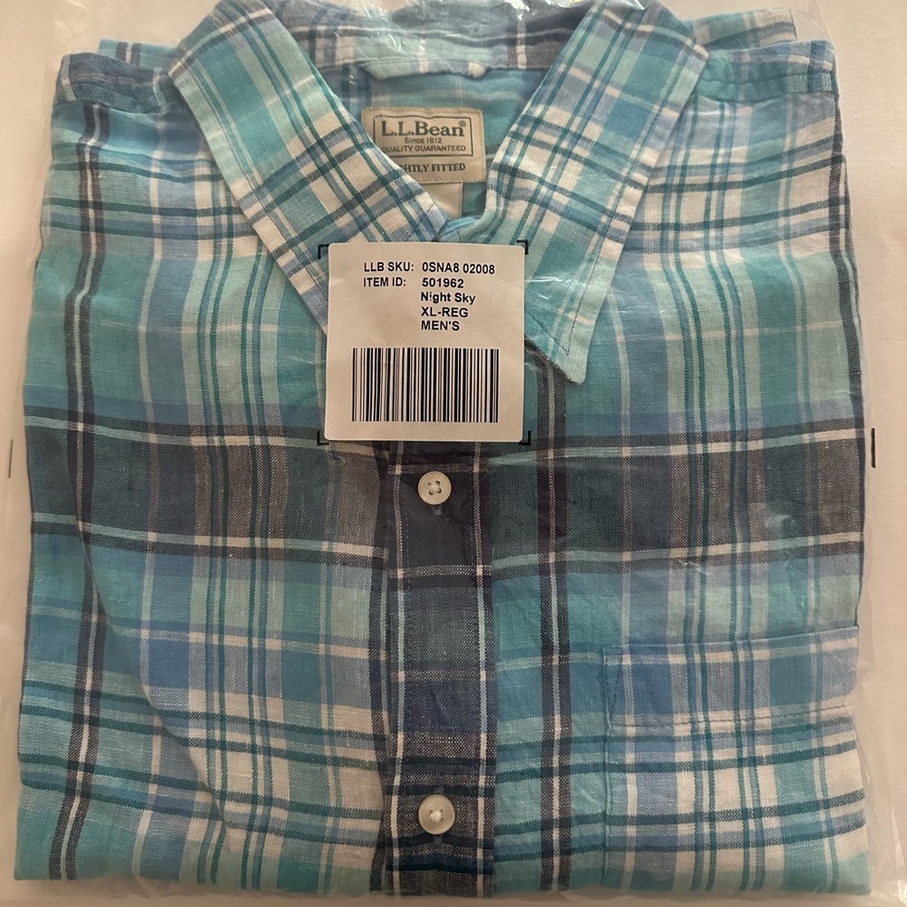LL BEAN Linen Camp Plaid Shirt XL NEW w tags